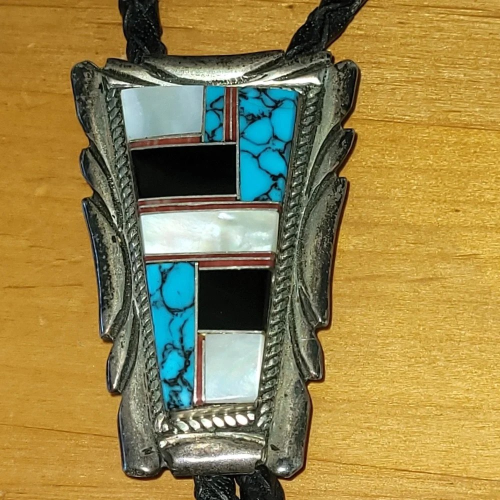Vintage Zuni Sterling Silver Multi Stone Inlay Bolo Tie Turquoise Coral
